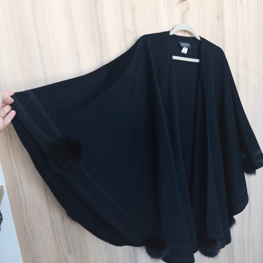 Joyce Turner Womens Cape OS Black Wool Cashmere Blend Fur Trim Parisian Luxury